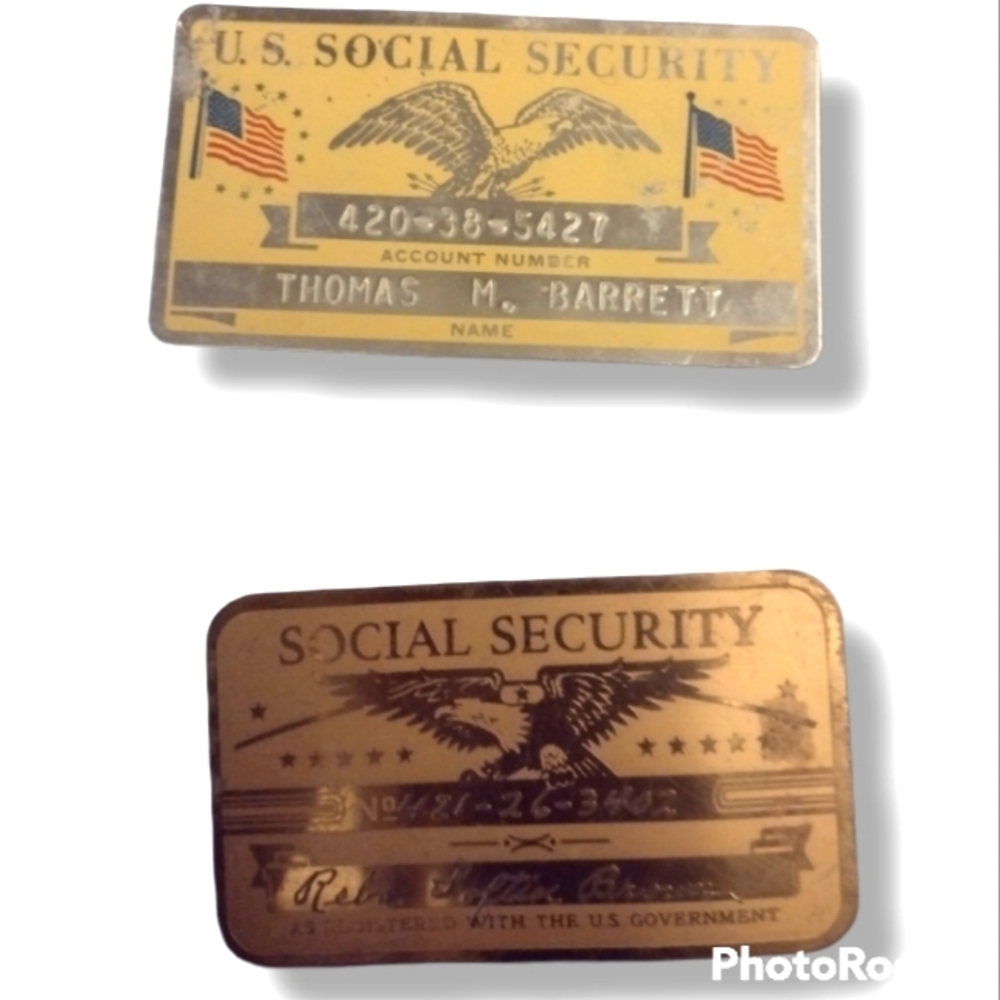 Pair of Vintage Metal Brass Plated U.S. Government Social Security ID Cards
